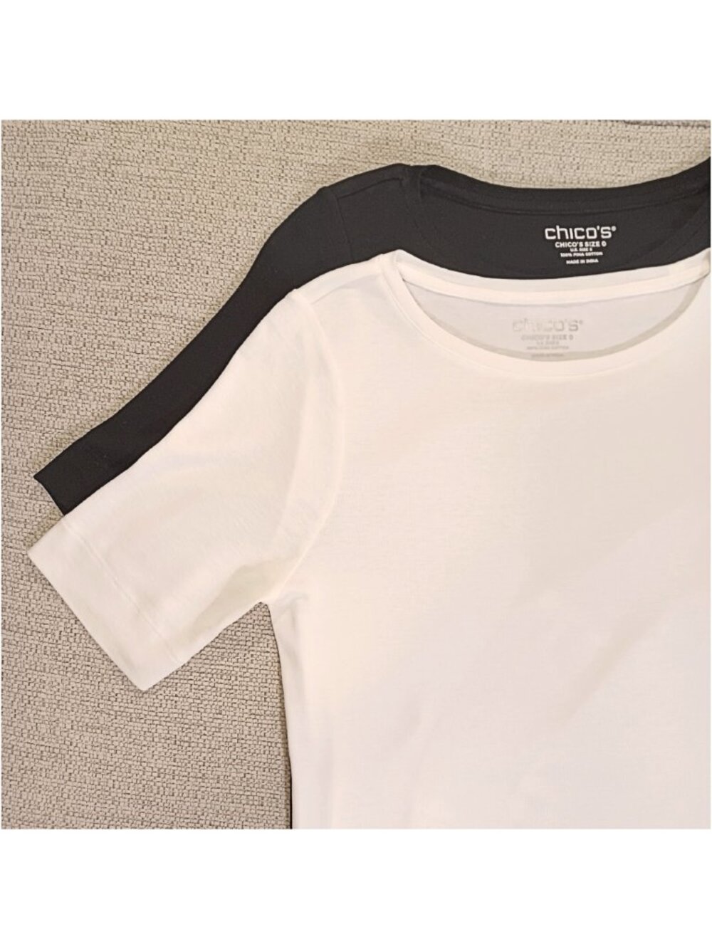 2 Chico's Pima Cotton Elbow Sleeve Tees Solid White Solid Black - Picture 5 of 9